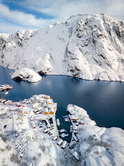 Aerial view of snow covered Nusfjord village on the Lofoten Islands, Norway