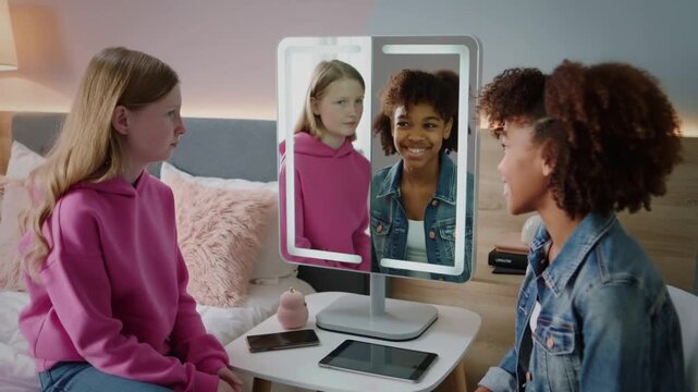 Girls enjoying time together at a vanity mirror