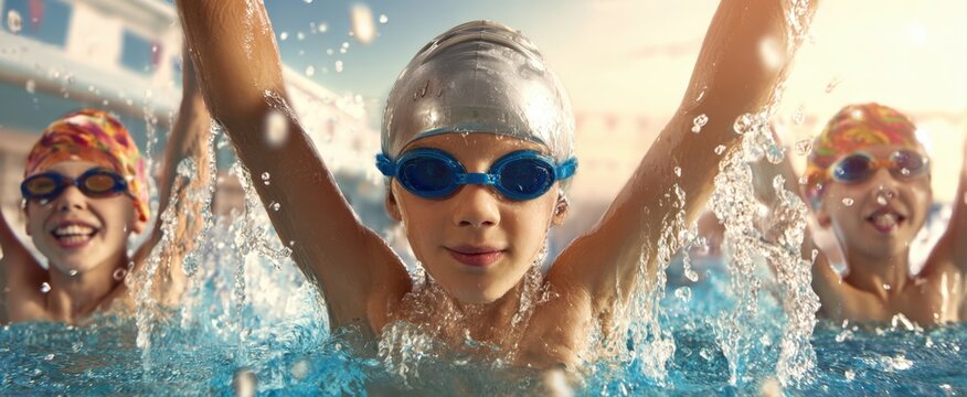 The young swimmer breaking through water with teammates cheering in bright indoor pool - Powered by Adobe