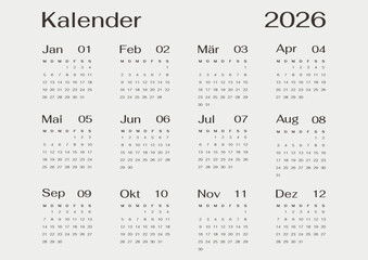 Minimalist German 2026 calendar yearly template single horizontal page A4 grey design.Layout Deutsch Kalender Wall or Desk Jahresplaner