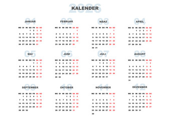 2026 German Yearly Calendar Horizontal Template A4 Format modern design. Deutsch Kalender Wall or Desk Jahresplaner. 