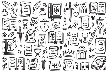 Doodle set of books, swords, and magic items with vintage medieval style elements. Vector doodle illustration