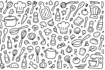 Hand-drawn kitchen utensils and food items pattern with cooking elements. Vector doodle illustration