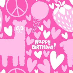 Birthday party seamless alpaca pattern for wrapping paper and fabrics and linens and kids clothes print
