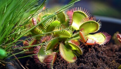 Beautiful Venus Flytrap Plants In Ground With Grass Close Up