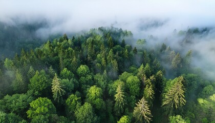 Aerial View Of A Dense Forest Blanketed In Mist Creating A Serene And Ethereal Atmosphere With Lush Green Trees