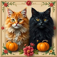 Ginger cat and black cat portrait with pumpkins 