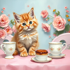Kitten having a tea party