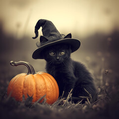 halloween kitten with pumpkin vintage style 