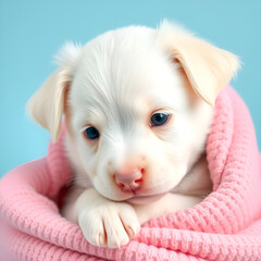 White puppy wrapped in a pink blany