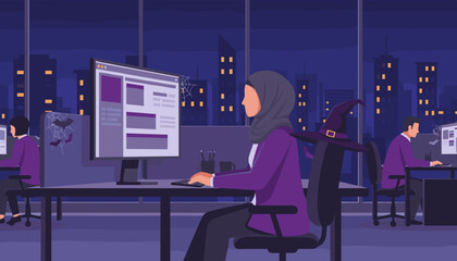 Diverse team working late in a festive Halloweendecorated office with city night view