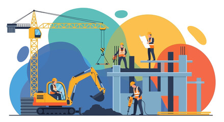 Construction workers building a structure with crane and excavator Development industry and teamwork