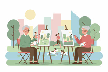 Senior couple enjoying painting in a vibrant city park Creative leisure active retirement