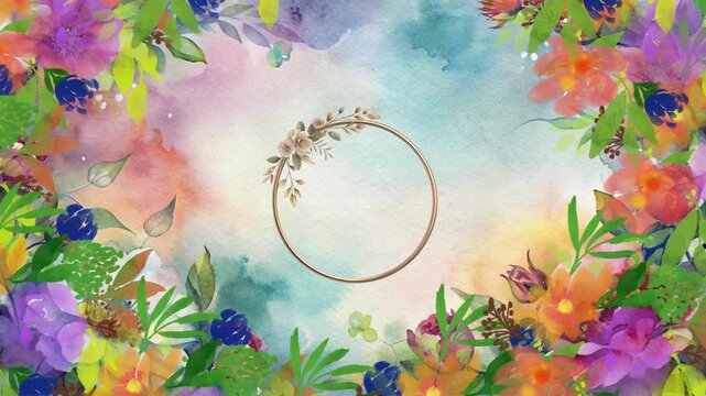 A vibrant watercolor floral frame with a golden circle in the center, surrounded by colorful flowers and leaves, creating a beautiful and artistic design for invitations