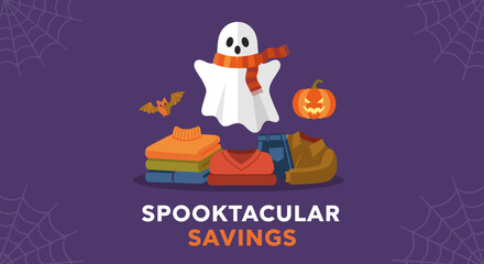 Spooktacular Savings Halloween sale concept with ghost pumpkin bat and cozy autumn fashion Ideal for retail promotions