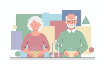 Elderly couple washing bowls together at home Daily routine domestic harmony and shared chores