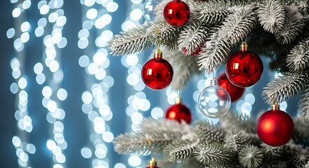 Snowy Christmas Tree with Red and Clear Ornaments