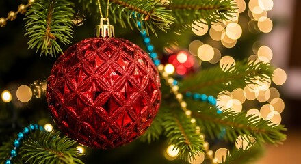 Shimmering Red Christmas Ornament on Festive Tree