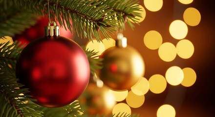 Red Ornament on Pine Branch with Warm Lights