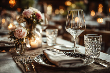 Elegant table set up for a romantic dinner. Concept of catering, hospitality and private dining. Selective focus on the glassware.
