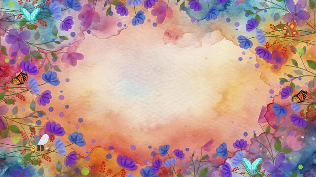 A vibrant watercolor painting featuring a floral border with purple and blue flowers, butterflies, and a bee, creating a whimsical and colorful frame for text or images