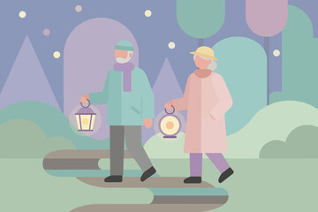 Elderly couple walks with lanterns on a night path symbolizing guidance companionship and tranquility