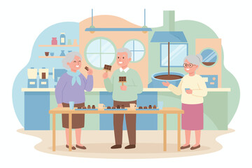 Happy seniors enjoying a chocolatemaking workshop tasting sweets and learning about artisan crafting