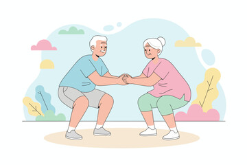 Happy senior couple exercising together doing squats and holding hands for health and partnership