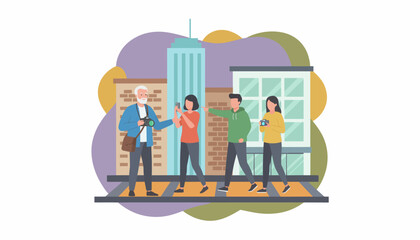 Naklejka premium Tourists or friends exploring city taking photos with cameras and phones Urban travel lifestyle concept