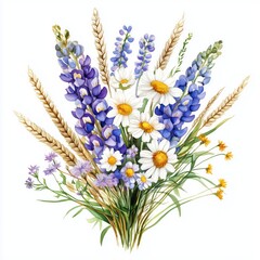 A Vibrant Arrangement of Wildflowers Showcasing the Beauty of Nature with Daisies, Bluebells, and Wheat Stalks in a Harmonious Design
