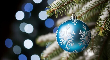 Blue Snowflake Ornament on Snowy Tree with Bokeh Lights