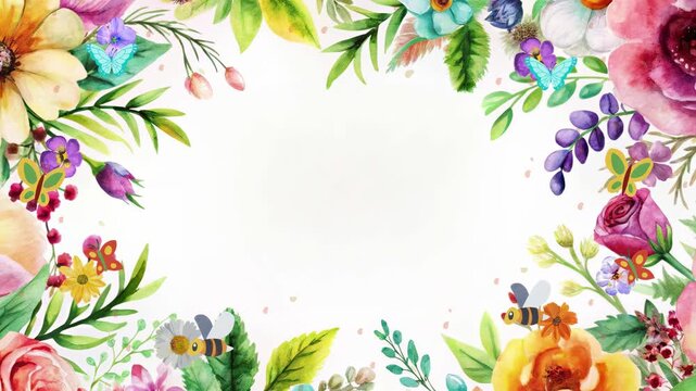 A vibrant watercolor floral frame with butterflies and bees, featuring a variety of colorful flowers and lush greenery, creating a whimsical and cheerful isolated on white background