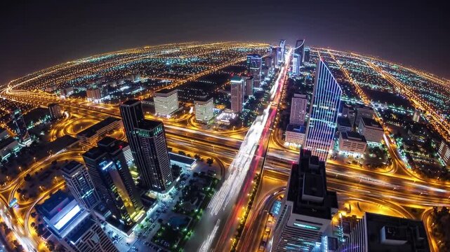 Cityscape Aerial Night Timelapse of Riyadh, Saudi Arabia &ndash; Illuminated Towers, Glass Skyscrapers, King Fahd Road and Busy Traffic