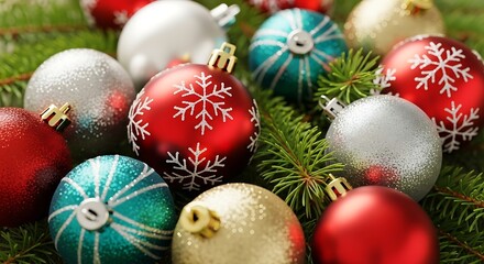 Assorted Christmas Ornaments with Pine Needles