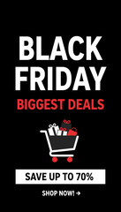 Black Friday Biggest Deals banner with shopping cart illustration Save up to 70