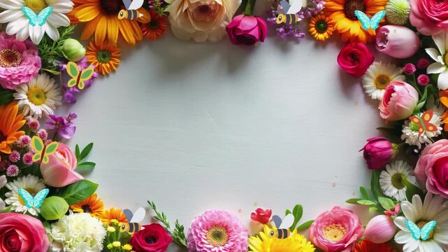 A vibrant floral frame isolated on white background, bursting with colorful blossoms, butterflies, and bees, creating a cheerful and inviting atmosphere for any design