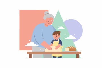 Happy grandmother and child baking bread teaching and bonding together A wholesome family activity