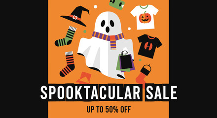 Halloween Spooktacular Sale banner with a ghost character shopping bags witch hat and pumpkinthemed apparel