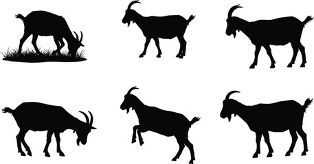 Goat silhouette collection, farm animal vector, grazing goat, standing goat, rearing goat, livestock illustration, domestic animal, wildlife design, agriculture art
