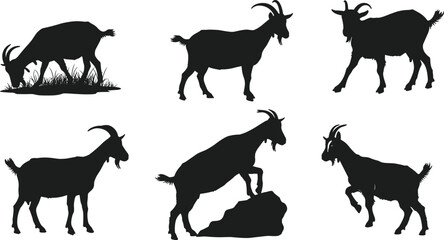 Goat silhouette vector, farm animal illustration, grazing goat, standing goat, climbing goat, jumping goat, livestock design, domestic animal, agriculture art, wildlife