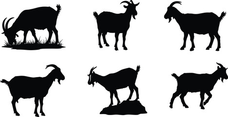 Goat silhouette vector, farm animal illustration, grazing goat, standing goat, rocky goat, livestock design, domestic animal, agriculture art, wildlife, nature graphic