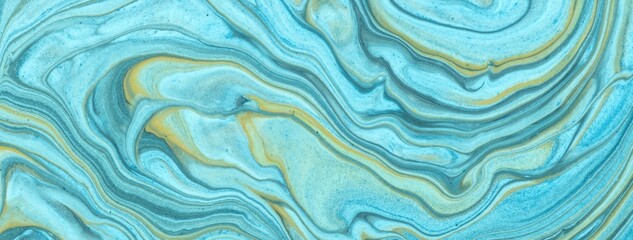 Abstract fluid art background with pastel blue and golden marble texture. Liquid turquoise acrylic painting backdrop