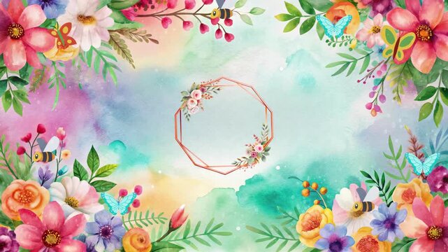 A watercolor floral frame with a geometric border, adorned with vibrant flowers, butterflies, and bees, creating a whimsical and artistic design for various applications