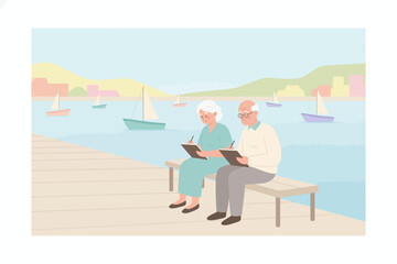 Senior couple drawing on a pier enjoying a peaceful day by the water with sailboats