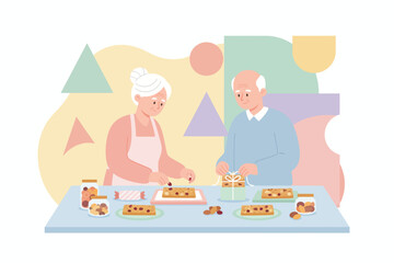 Grandparents prepare healthy homemade snacks and gifts sharing joy