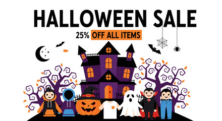Halloween Sale banner with haunted house spooky trees jackolantern ghost and costumed characters for seasonal promotions