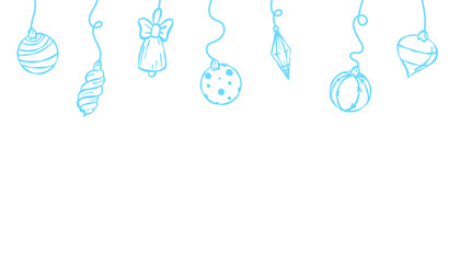 Christmas garland with hanging balls, baubles, stars, and snowflakes. Hand-drawn sketch elements for festive decoration. Perfect winter border or header for Christmas and New Year designs.