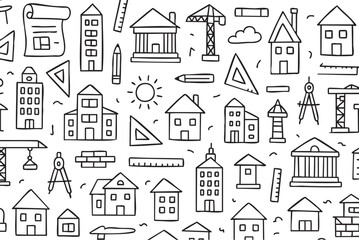 Fototapeta premium Black and white city building doodle pattern with geometric shapes. Vector doodle illustration