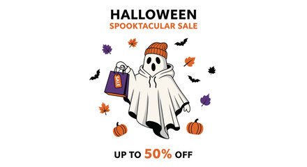 Cute ghost with shopping bag advertises a Spooktacular Halloween Sale with autumn decor ideal for retail discounts