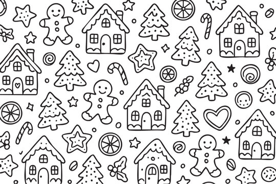 Black and white christmas pattern with gingerbread houses and trees. Vector doodle illustration